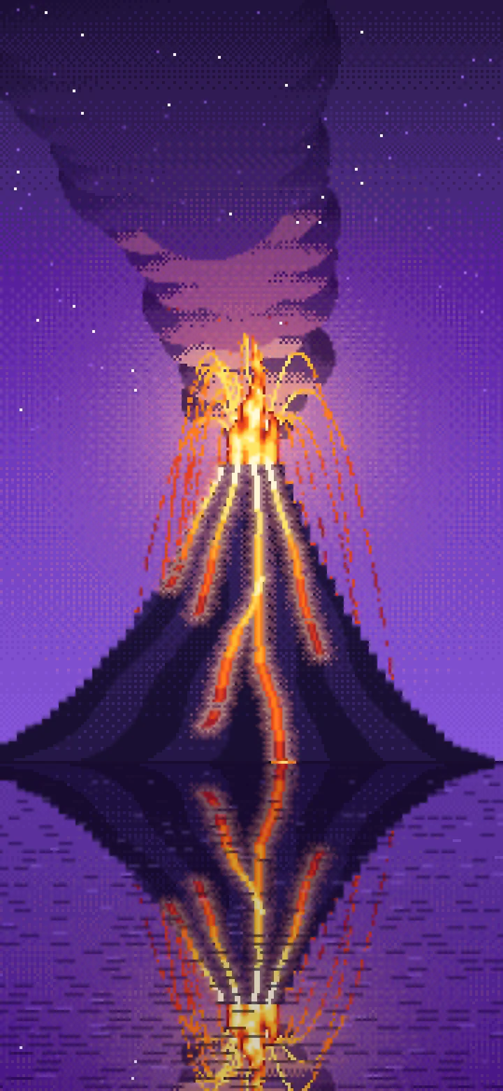 Purple Pixel Art Volcano Erupting at Night wallpaper for iPhone and Android