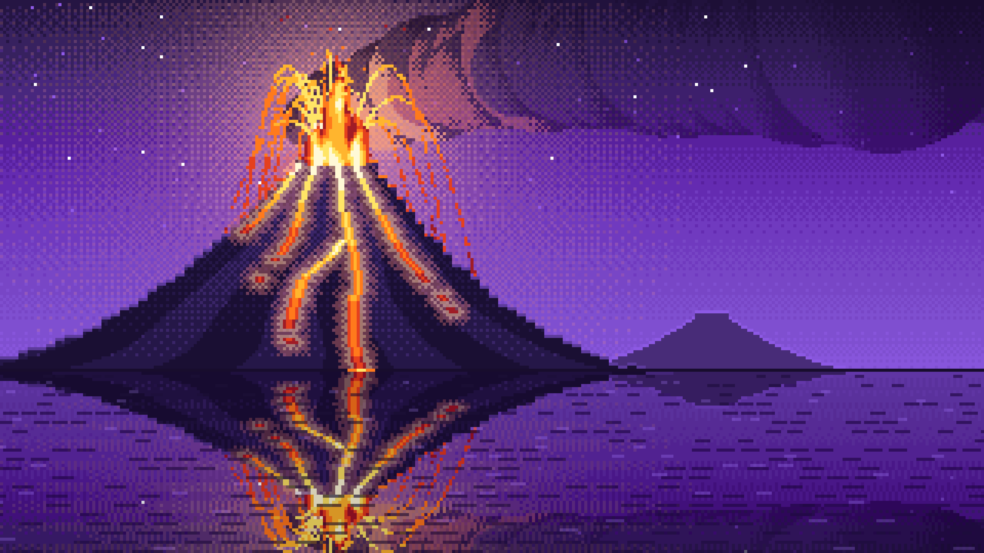 Purple Pixel Art Volcano Erupting at Night desktop wallpaper in 4K