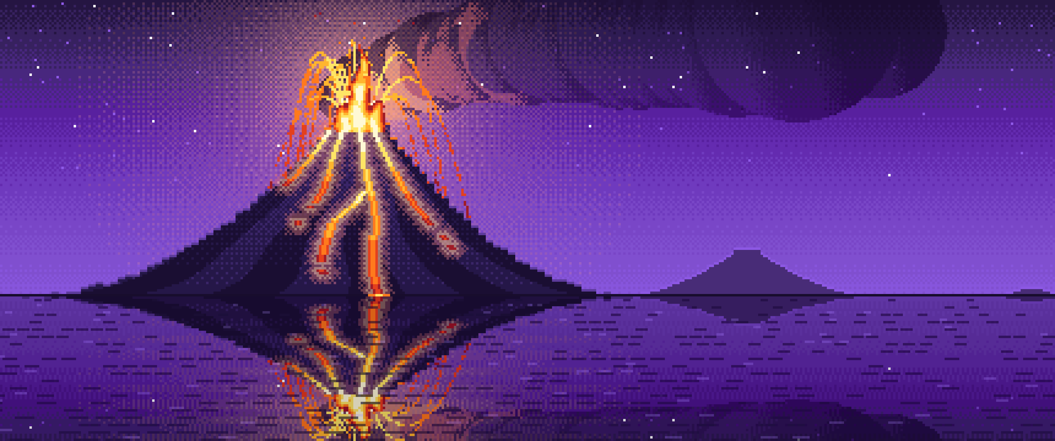 Purple Pixel Art Volcano Erupting at Night ultrawide wallpaper, 3440 × 1440