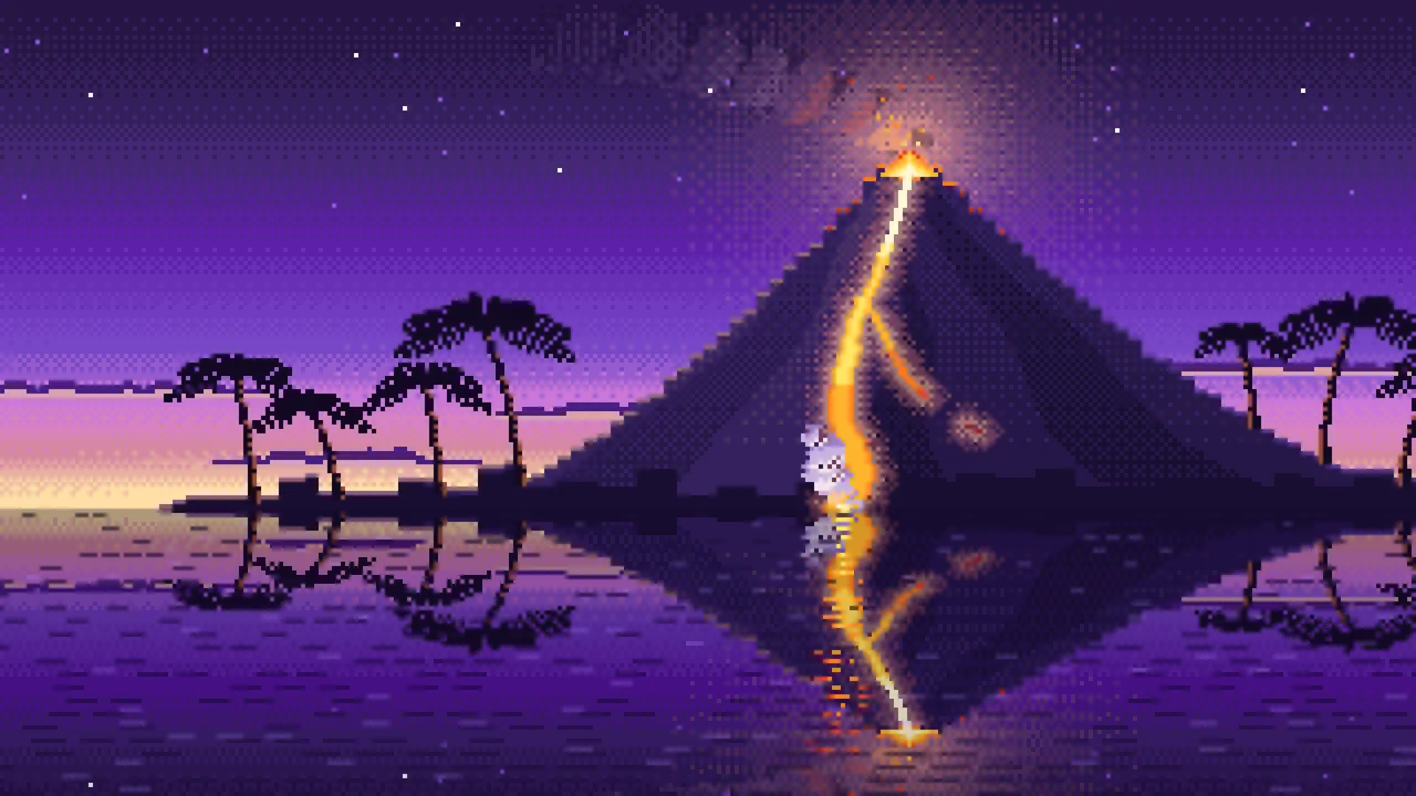 Purple Pixel Art Volcano Island at Dusk desktop wallpaper in 4K