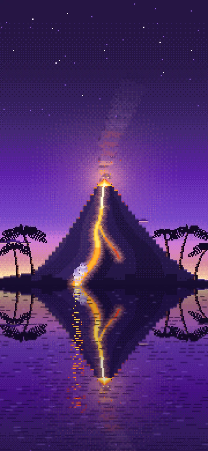 Purple Pixel Art Volcano Island at Dusk wallpaper for iPhone and Android