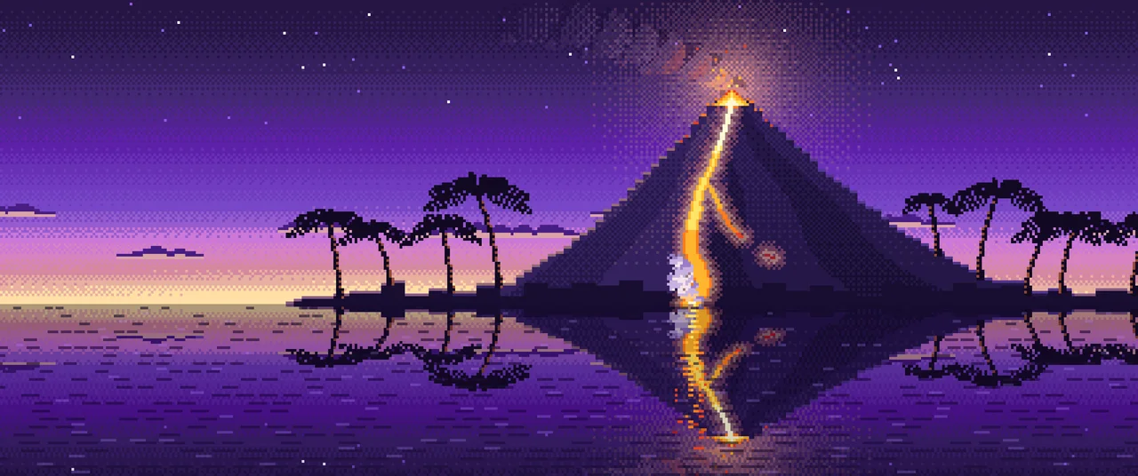 Purple Pixel Art Volcano Island at Dusk ultrawide wallpaper, 3440 × 1440