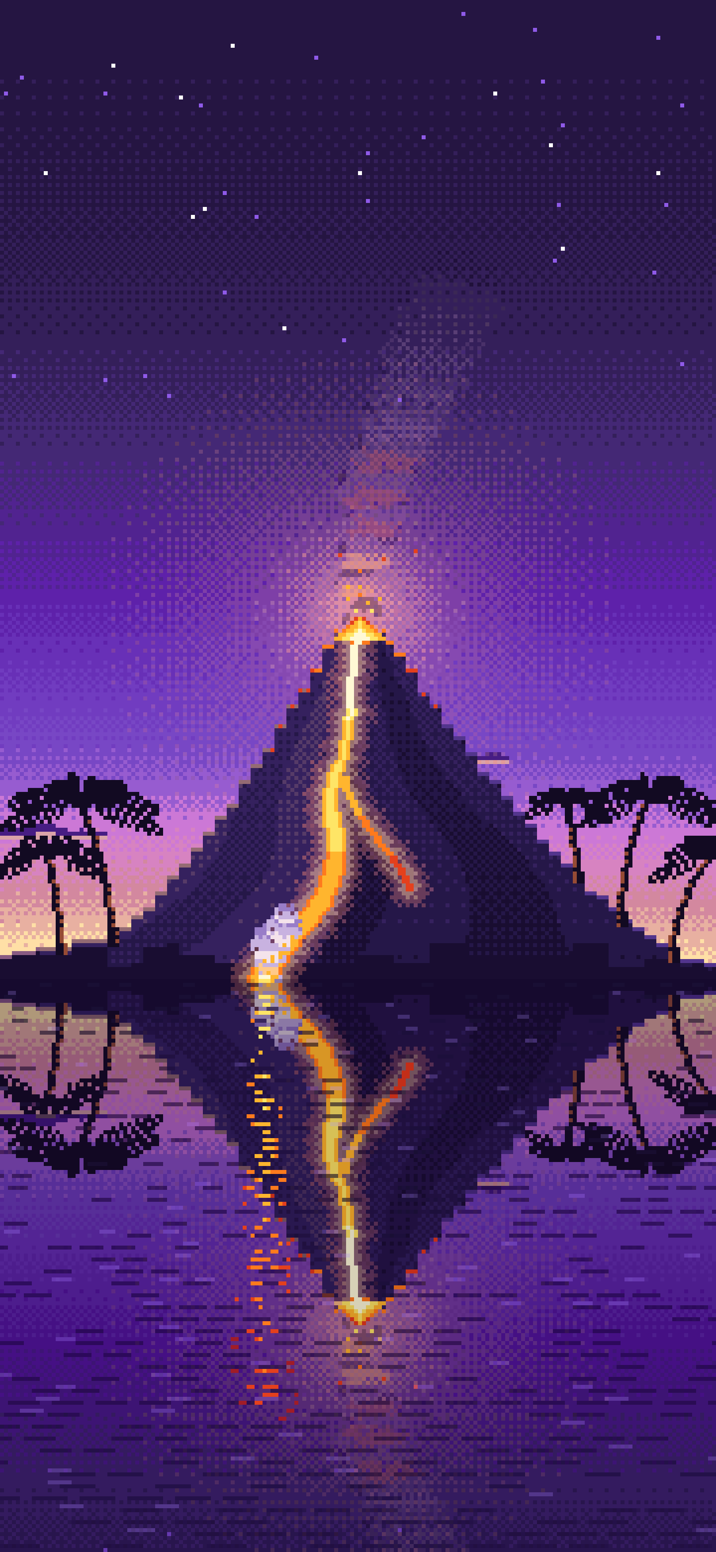 Purple Pixel Art Volcano Island at Dusk wallpaper for iPhone and Android