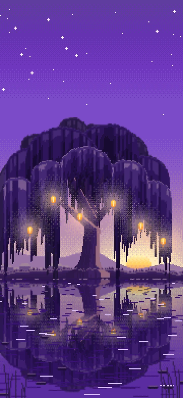 Purple Pixel Art Willow Tree by a Pond wallpaper for iPhone and Android