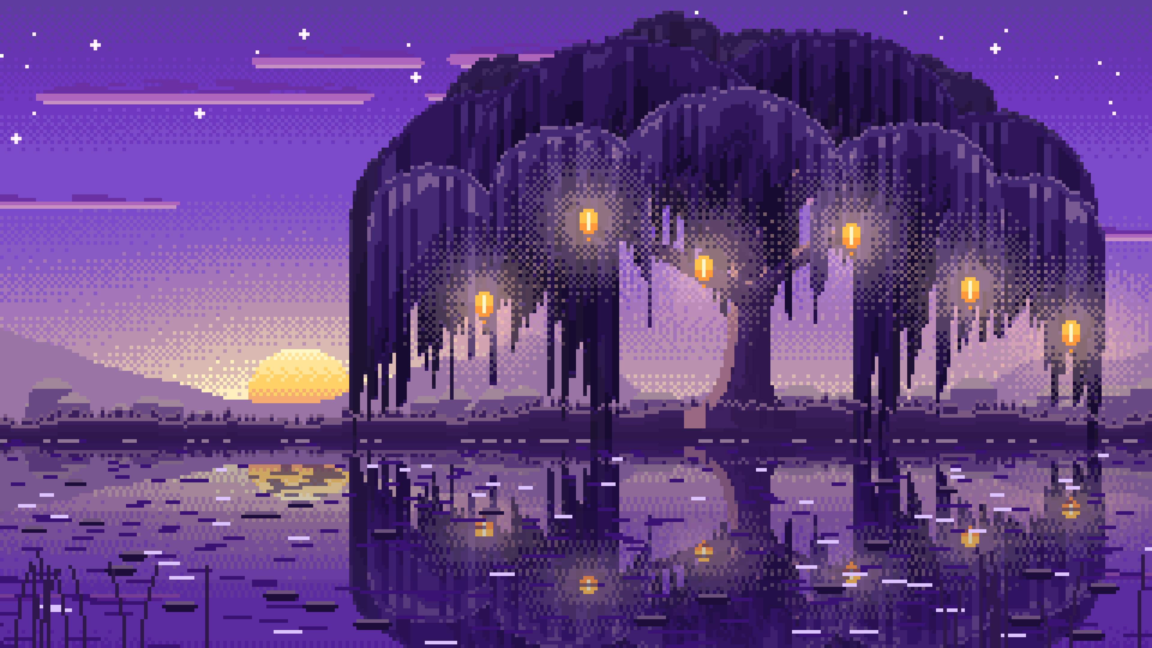 Purple Pixel Art Willow Tree by a Pond desktop wallpaper in 4K