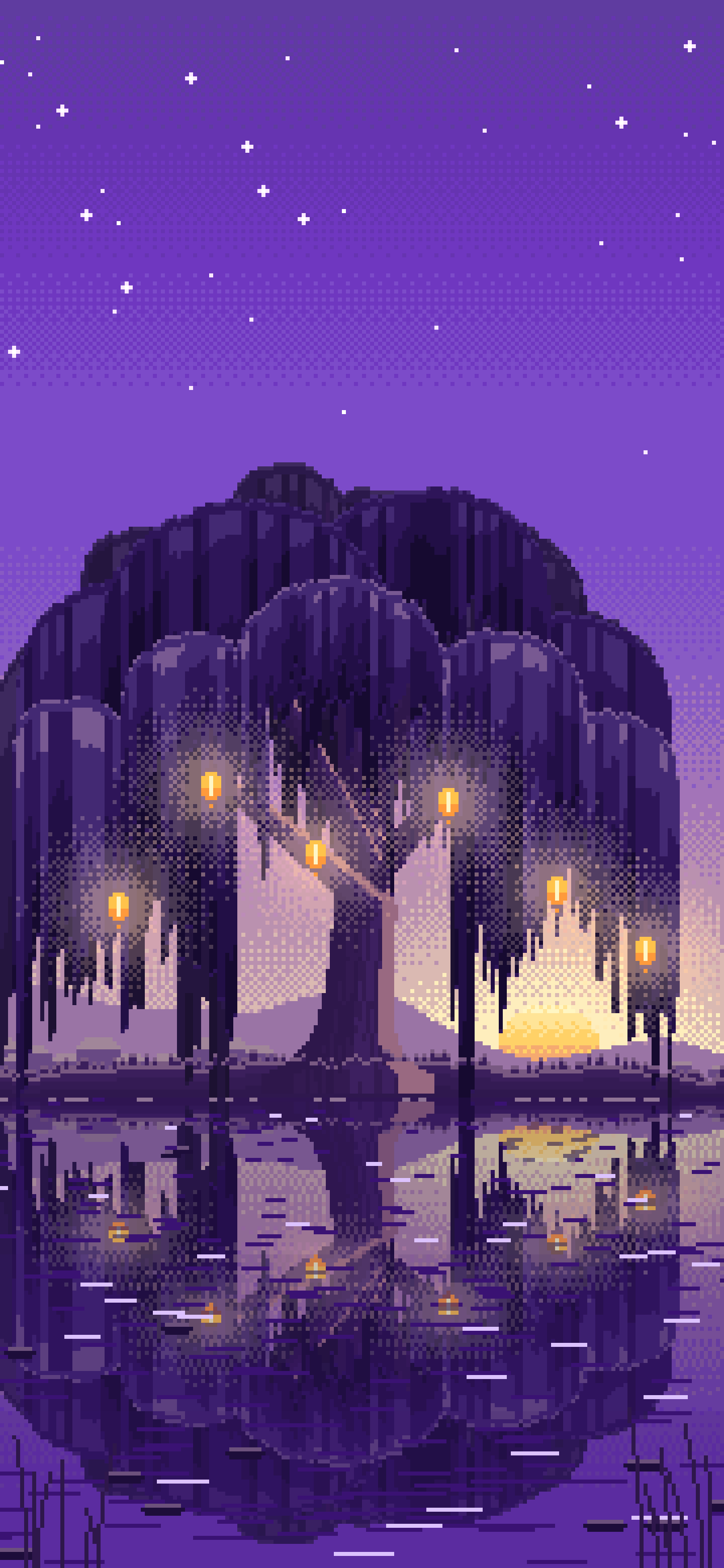 Purple Pixel Art Willow Tree by a Pond wallpaper for iPhone and Android