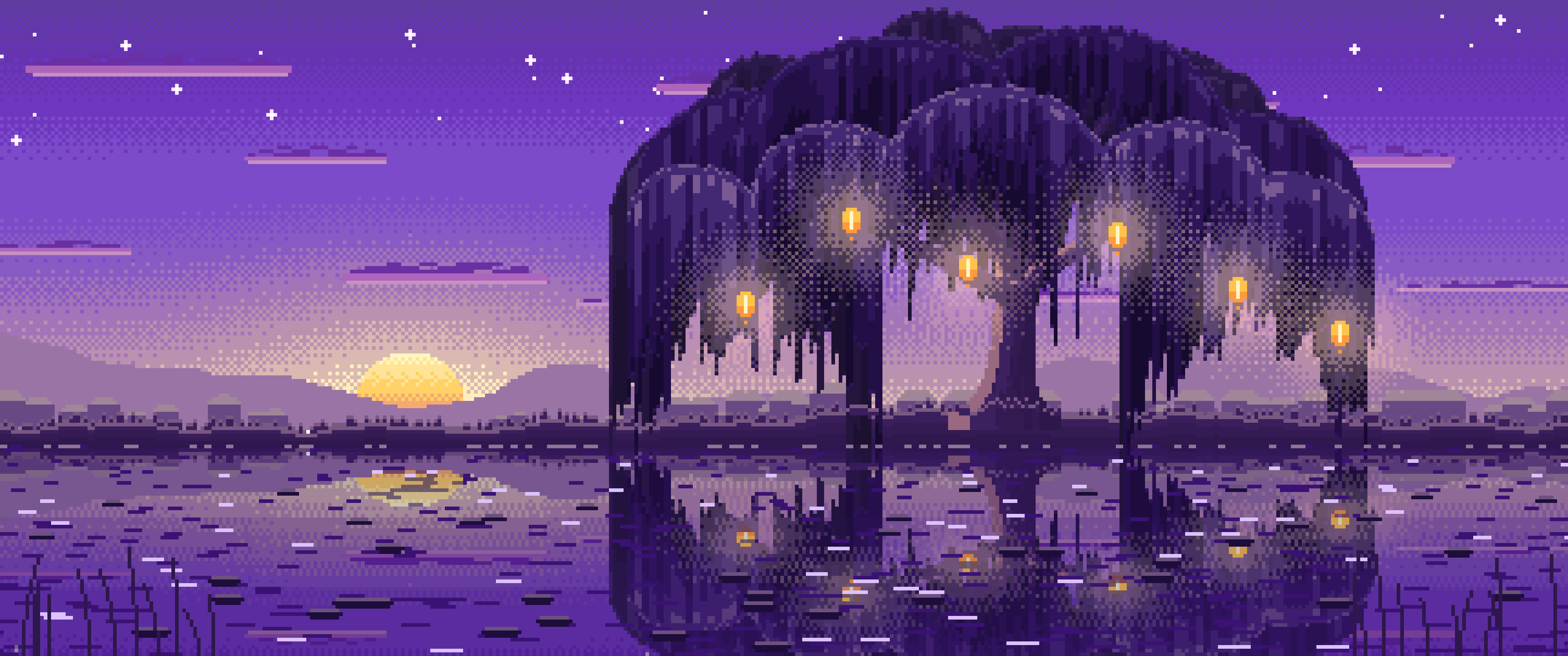 Purple Pixel Art Willow Tree by a Pond ultrawide wallpaper, 3440 × 1440