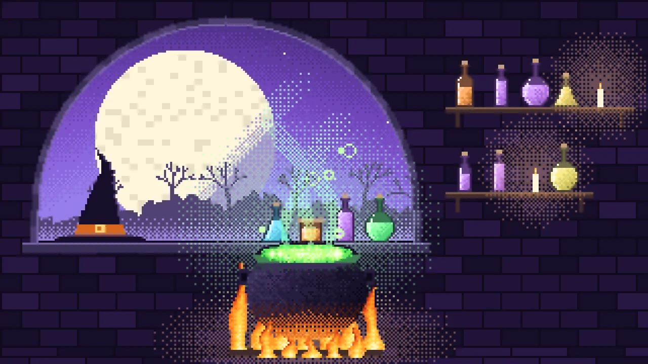 Purple Pixel Art Witch Cauldron Kitchen desktop wallpaper in 4K
