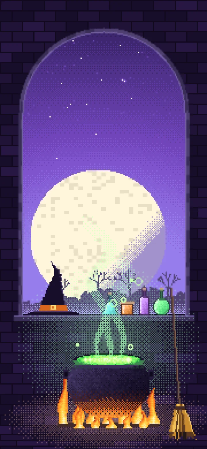 Purple Pixel Art Witch Cauldron Kitchen wallpaper for iPhone and Android