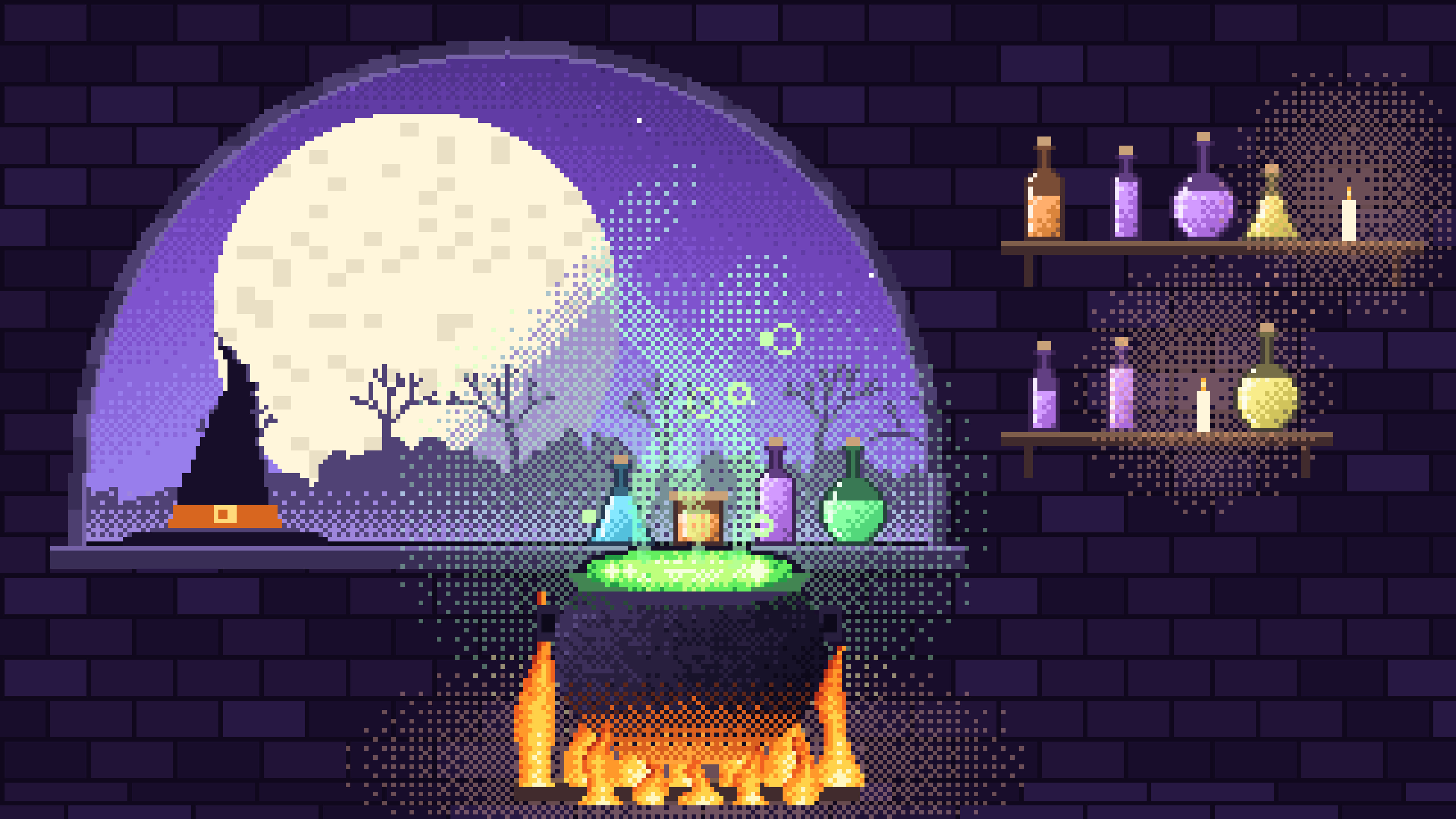 Purple Pixel Art Witch Cauldron Kitchen desktop wallpaper in 4K
