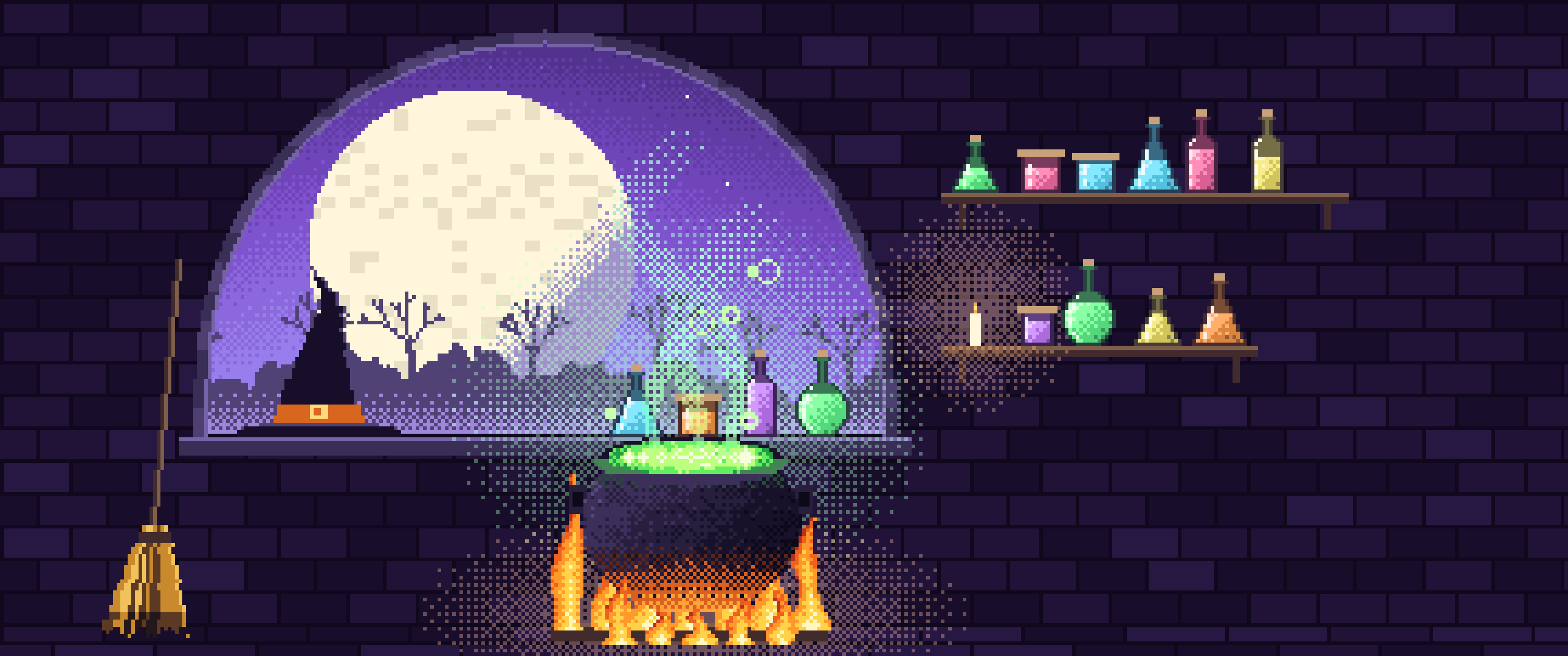 Purple Pixel Art Witch Cauldron Kitchen ultrawide wallpaper, 3440 × 1440