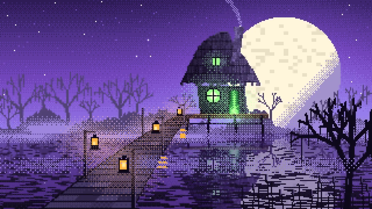Purple Pixel Art Witch Cottage in a Swamp desktop wallpaper in 4K