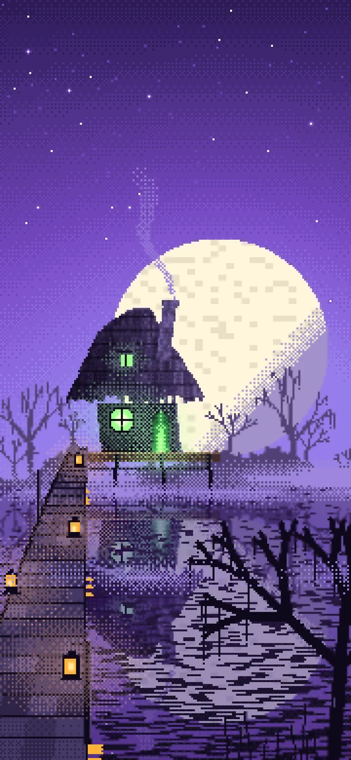 Purple Pixel Art Witch Cottage in a Swamp wallpaper for iPhone and Android