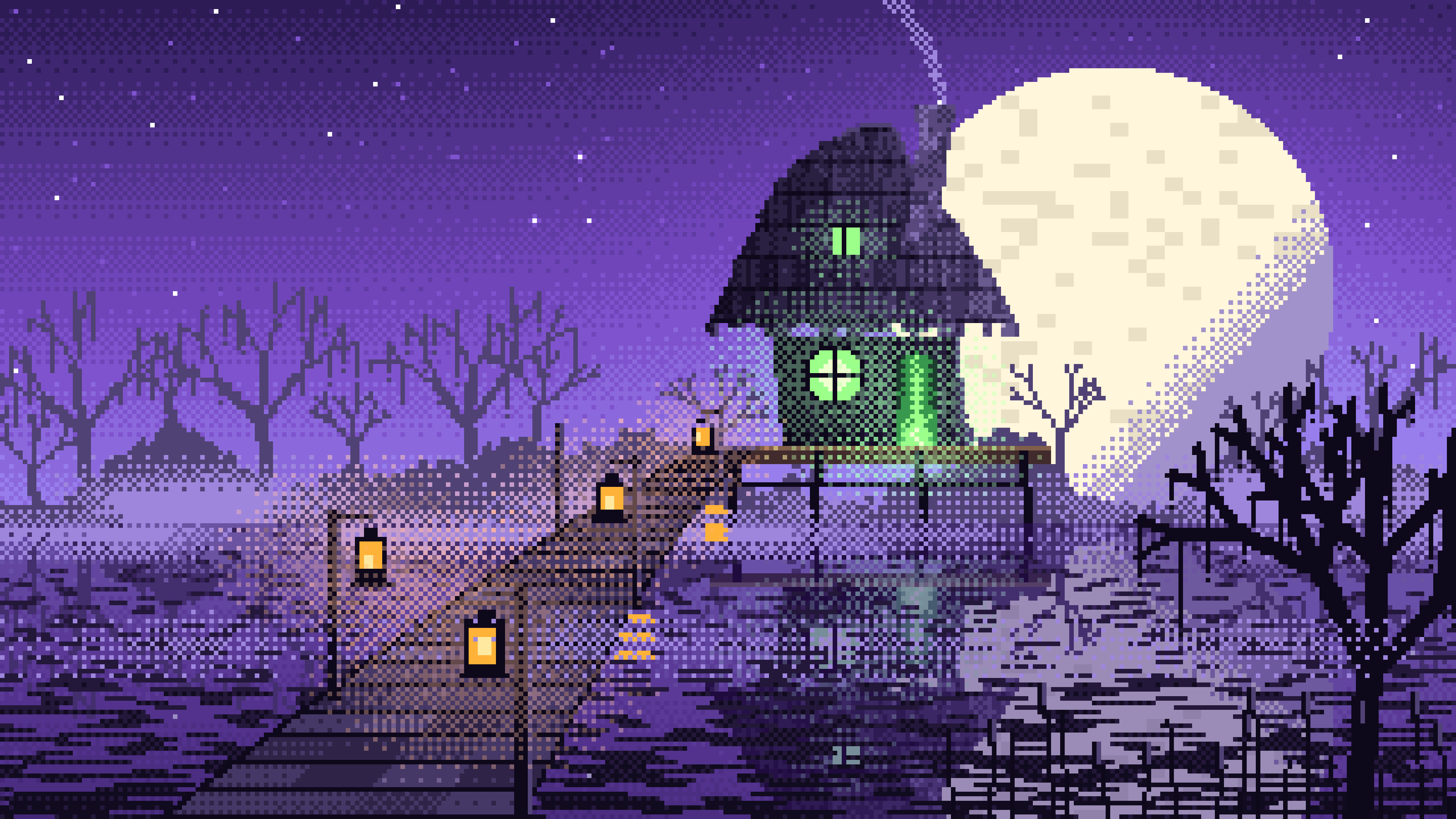 Purple Pixel Art Witch Cottage in a Swamp desktop wallpaper in 4K