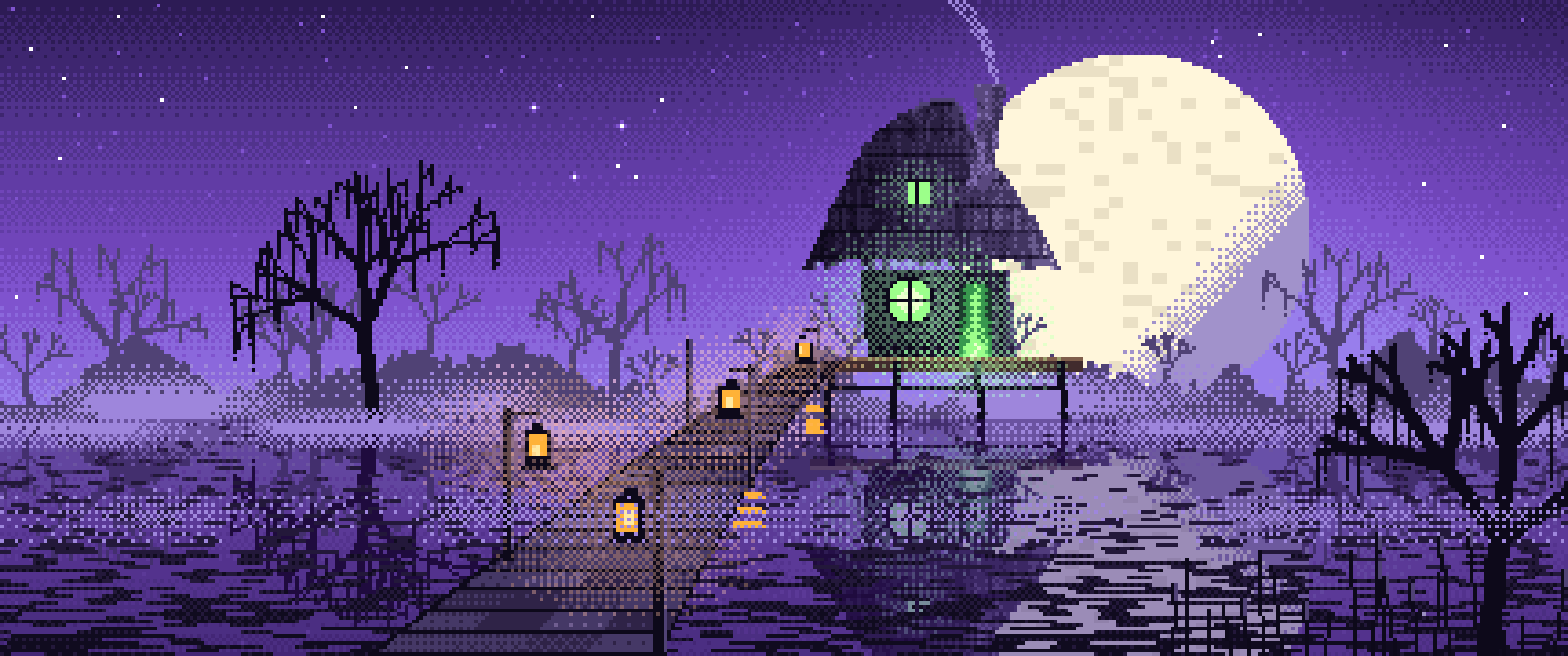 Purple Pixel Art Witch Cottage in a Swamp ultrawide wallpaper, 3440 × 1440