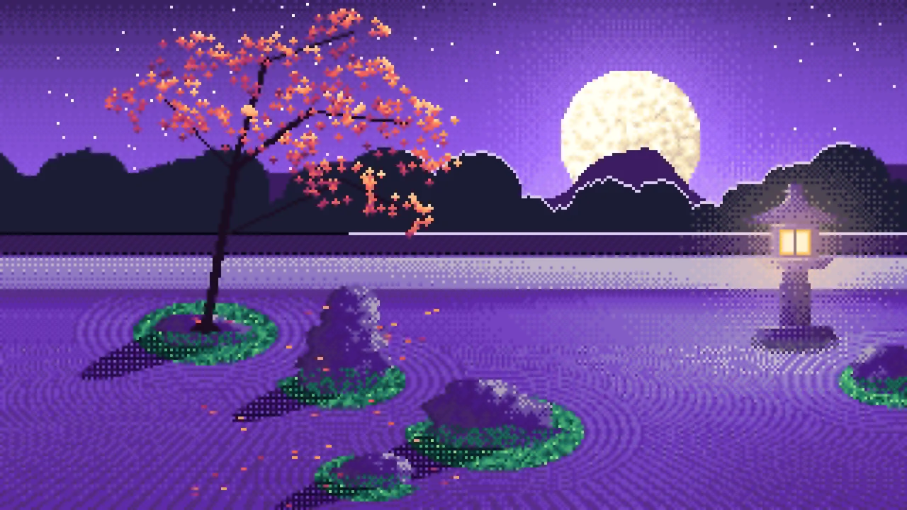 Purple Pixel Art Zen Garden and Moon desktop wallpaper in 4K
