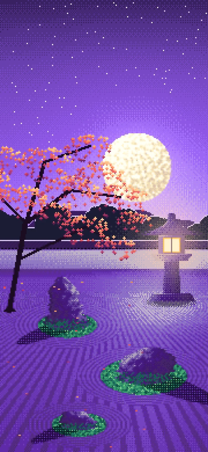Purple Pixel Art Zen Garden and Moon wallpaper for iPhone and Android