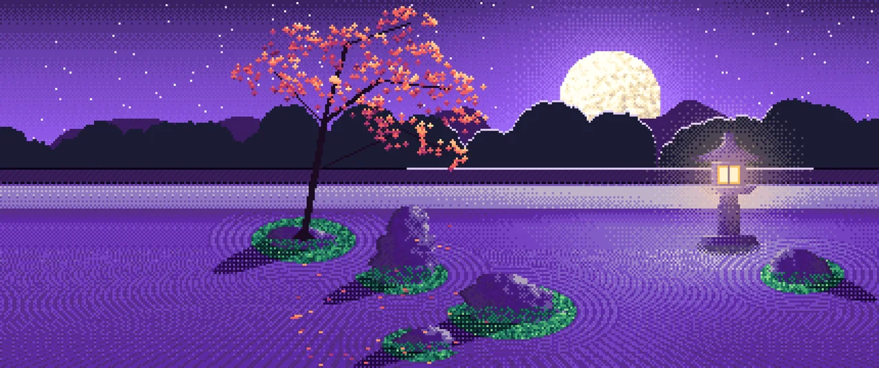 Purple Pixel Art Zen Garden and Moon ultrawide wallpaper, 3440 × 1440