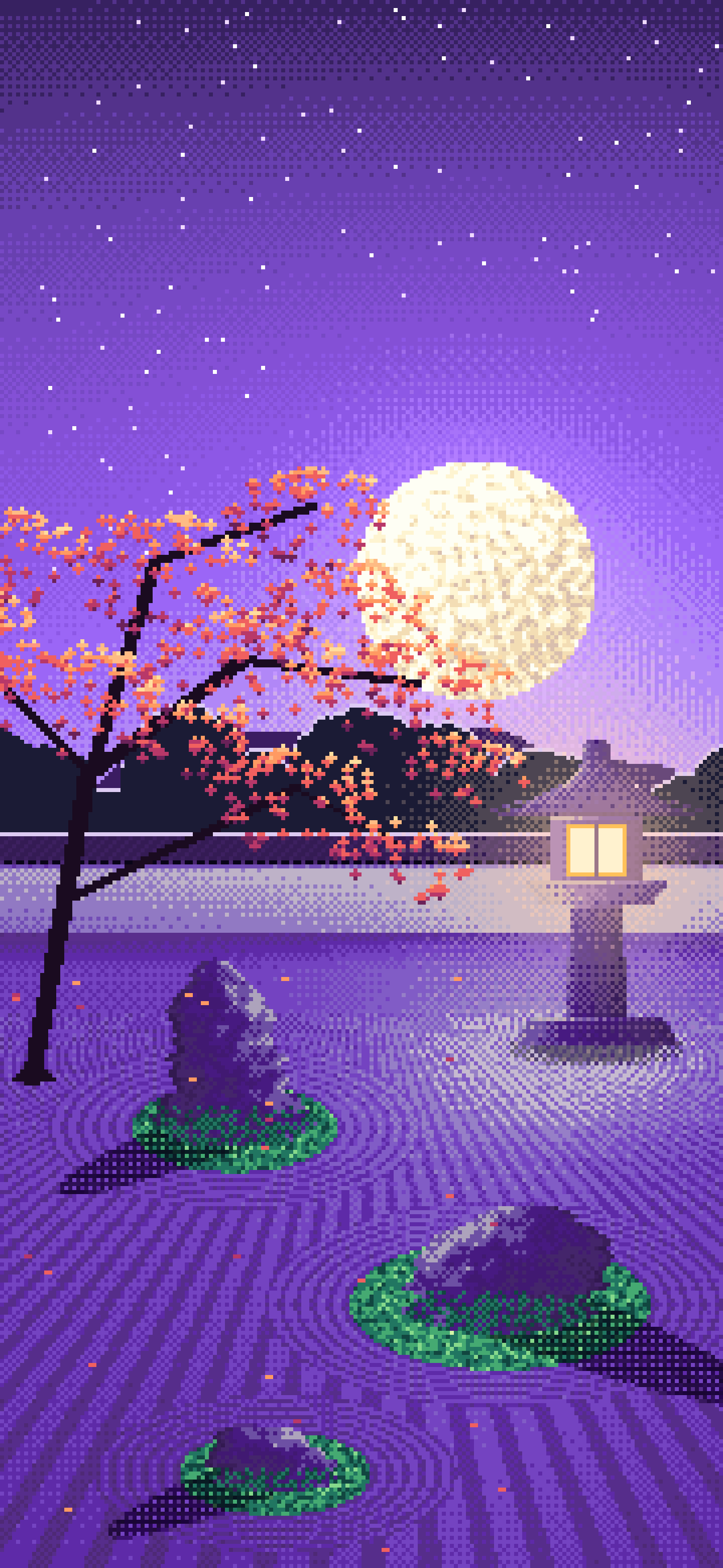 Purple Pixel Art Zen Garden and Moon wallpaper for iPhone and Android
