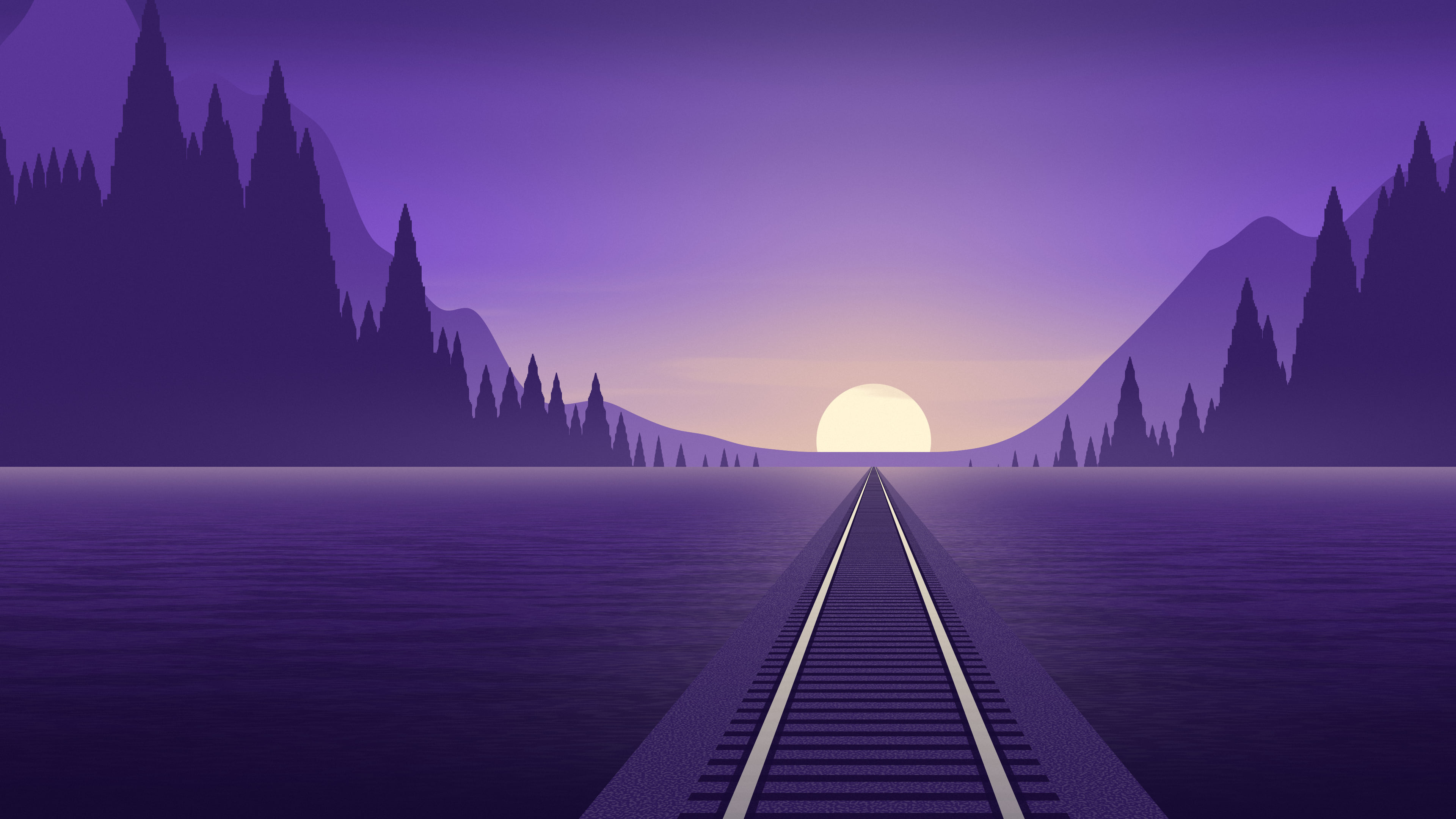 Purple Railway Tracks at Sunset desktop wallpaper in 4K