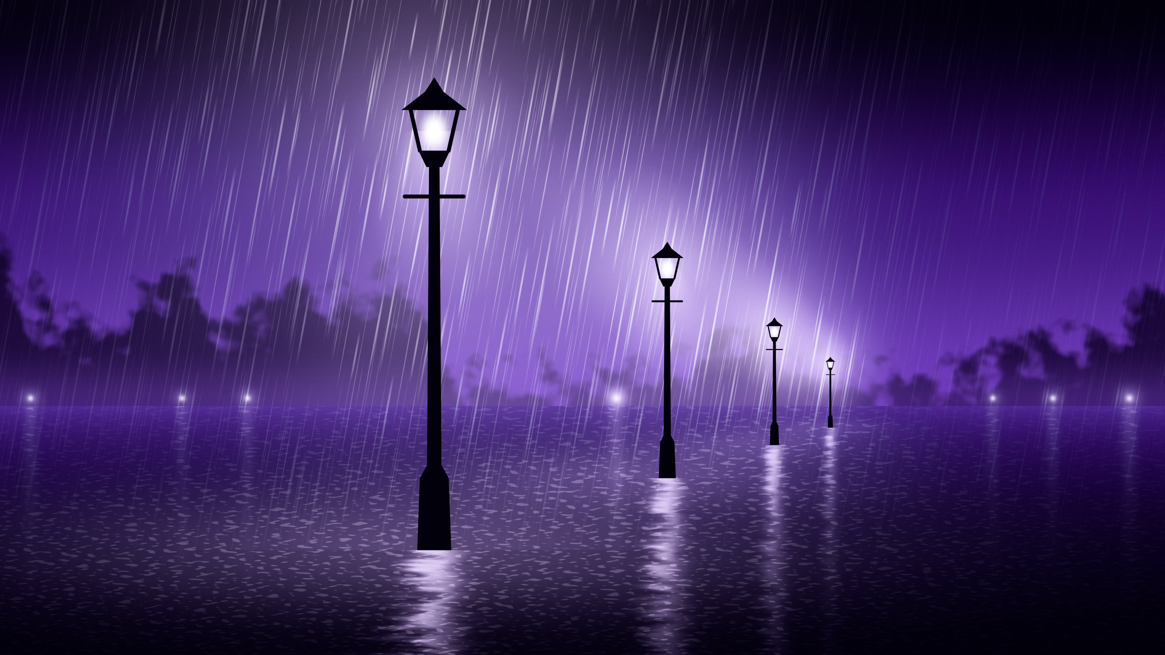 Purple Rainy Street Lamp desktop wallpaper in 4K