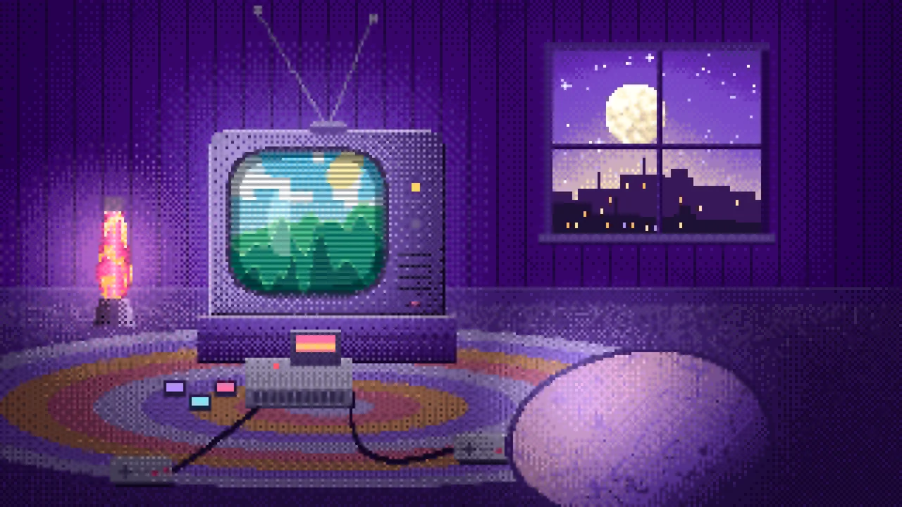 Purple Retro Pixel Art Gaming Room desktop wallpaper in 4K
