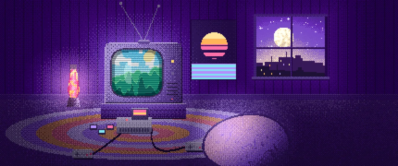 Purple Retro Pixel Art Gaming Room ultrawide wallpaper, 3440 × 1440