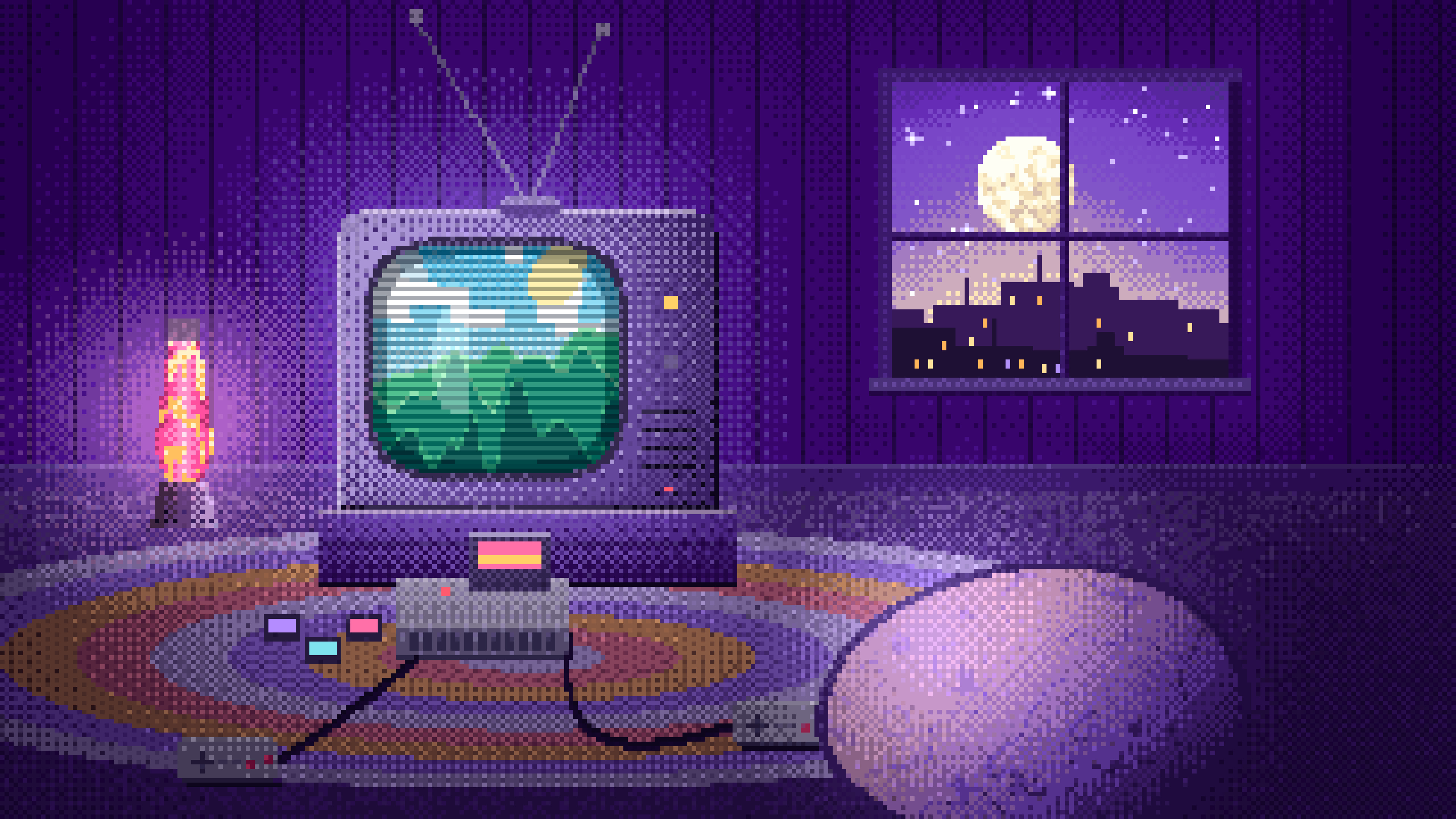 Purple Retro Pixel Art Gaming Room desktop wallpaper in 4K