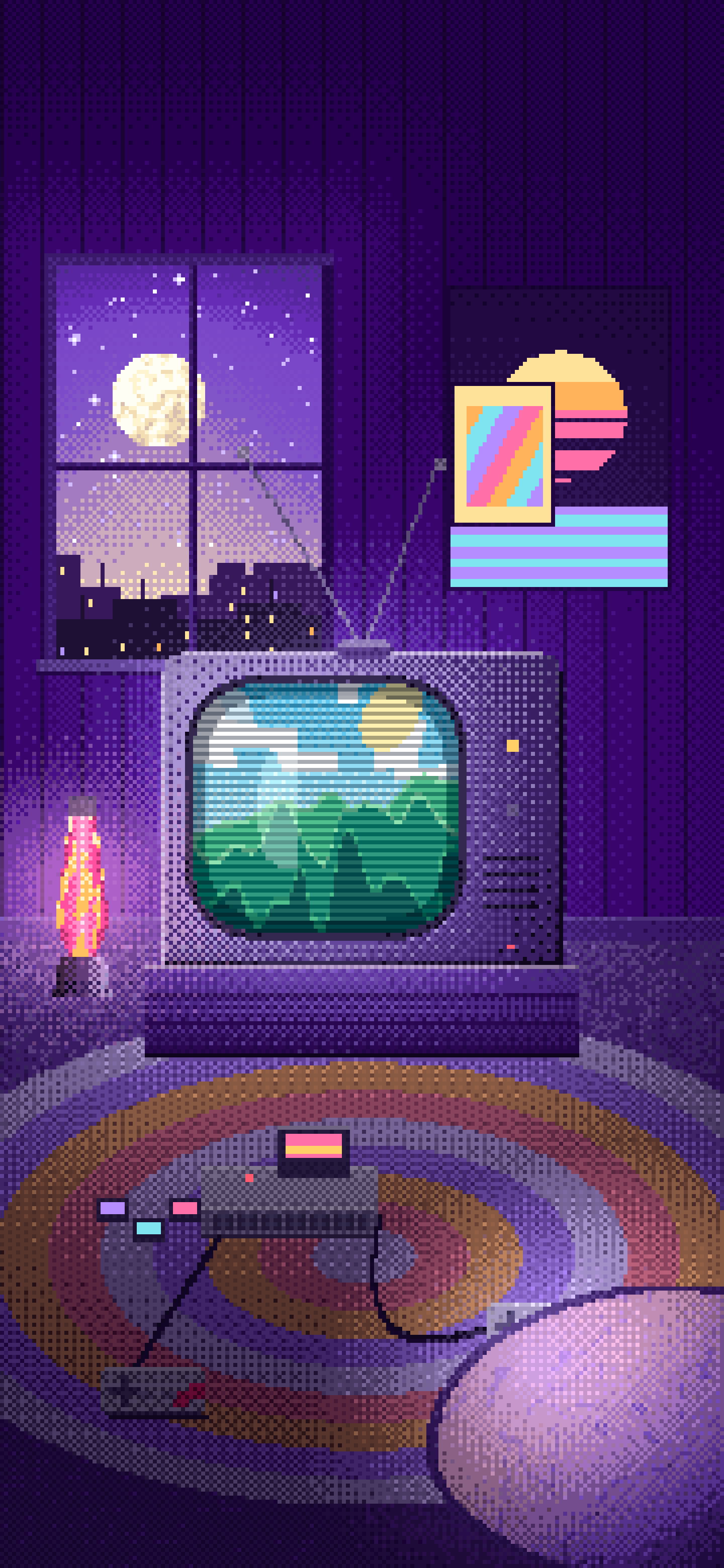 Purple Retro Pixel Art Gaming Room wallpaper for iPhone and Android