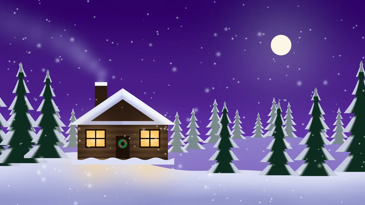 Purple Snowy Christmas Cabin desktop wallpaper in 4K