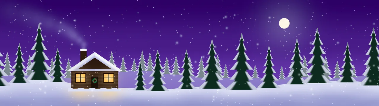 Purple Snowy Christmas Cabin dual monitor wallpaper, 7680 × 2160