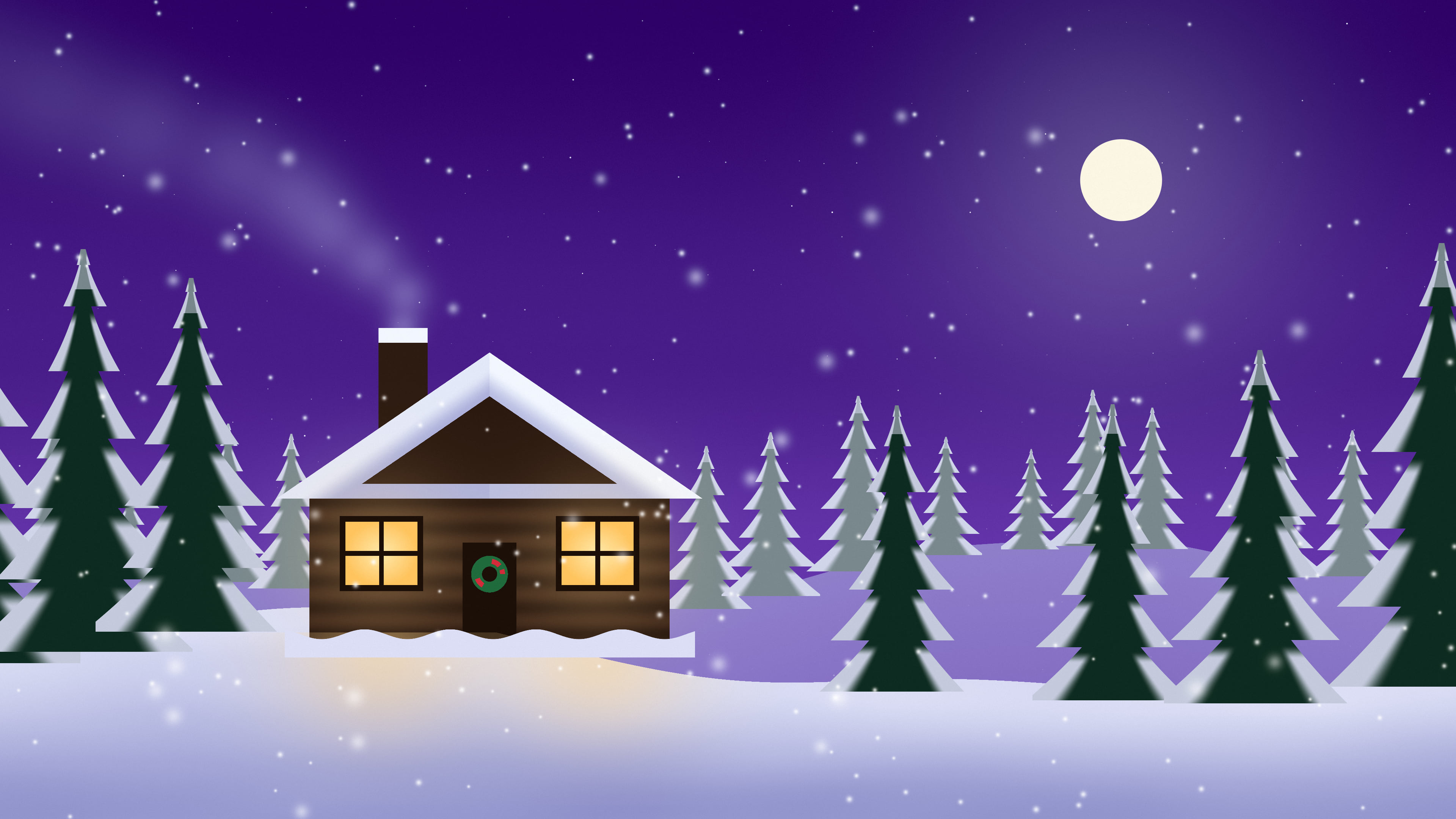 Purple Snowy Christmas Cabin desktop wallpaper in 4K