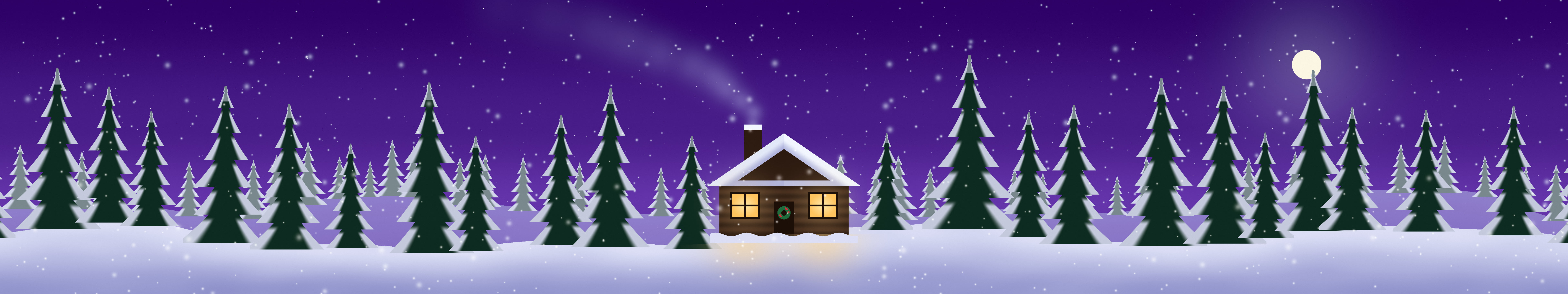 Purple Snowy Christmas Cabin triple monitor wallpaper, 7680 × 1440