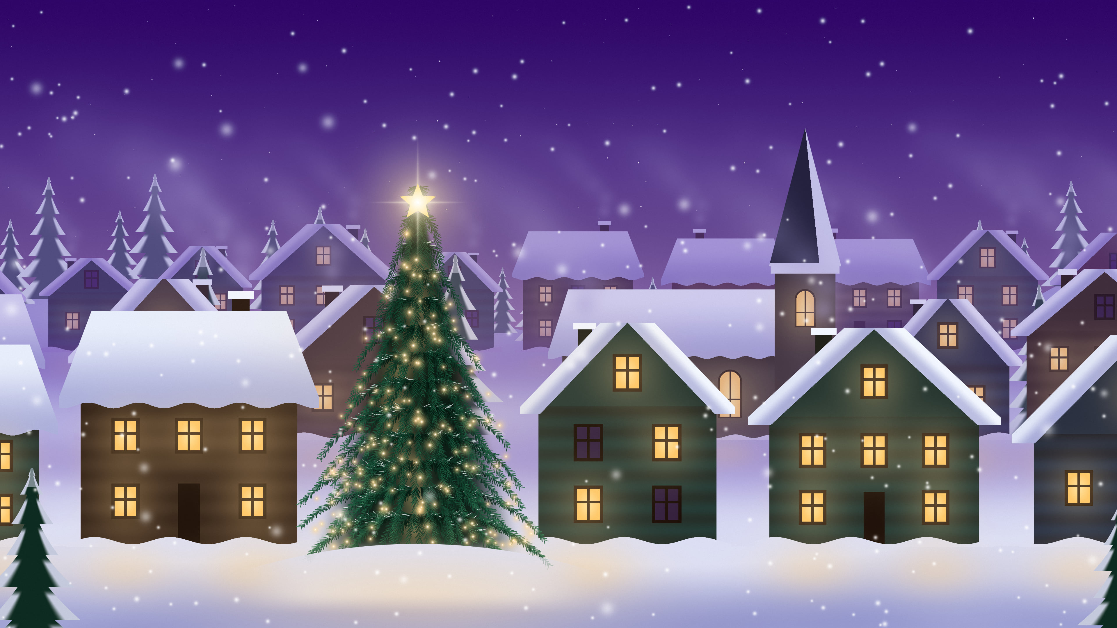Purple Snowy Christmas Village desktop wallpaper in 4K