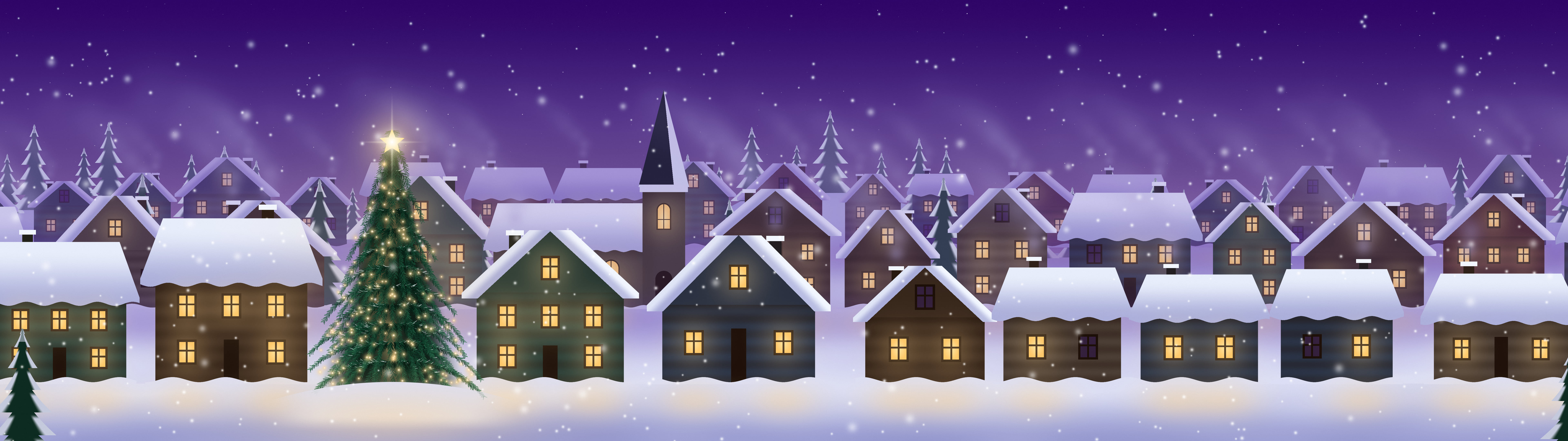 Purple Snowy Christmas Village dual monitor wallpaper, 7680 × 2160