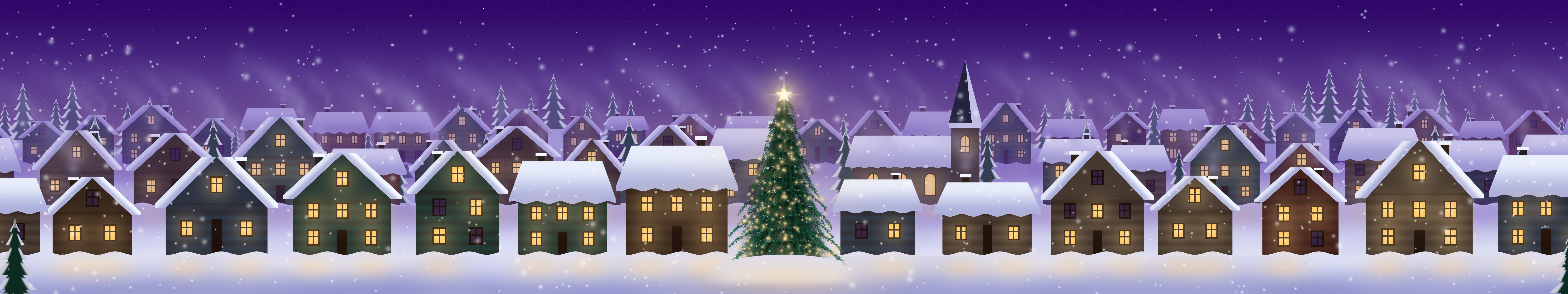 Purple Snowy Christmas Village triple monitor wallpaper, 7680 × 1440