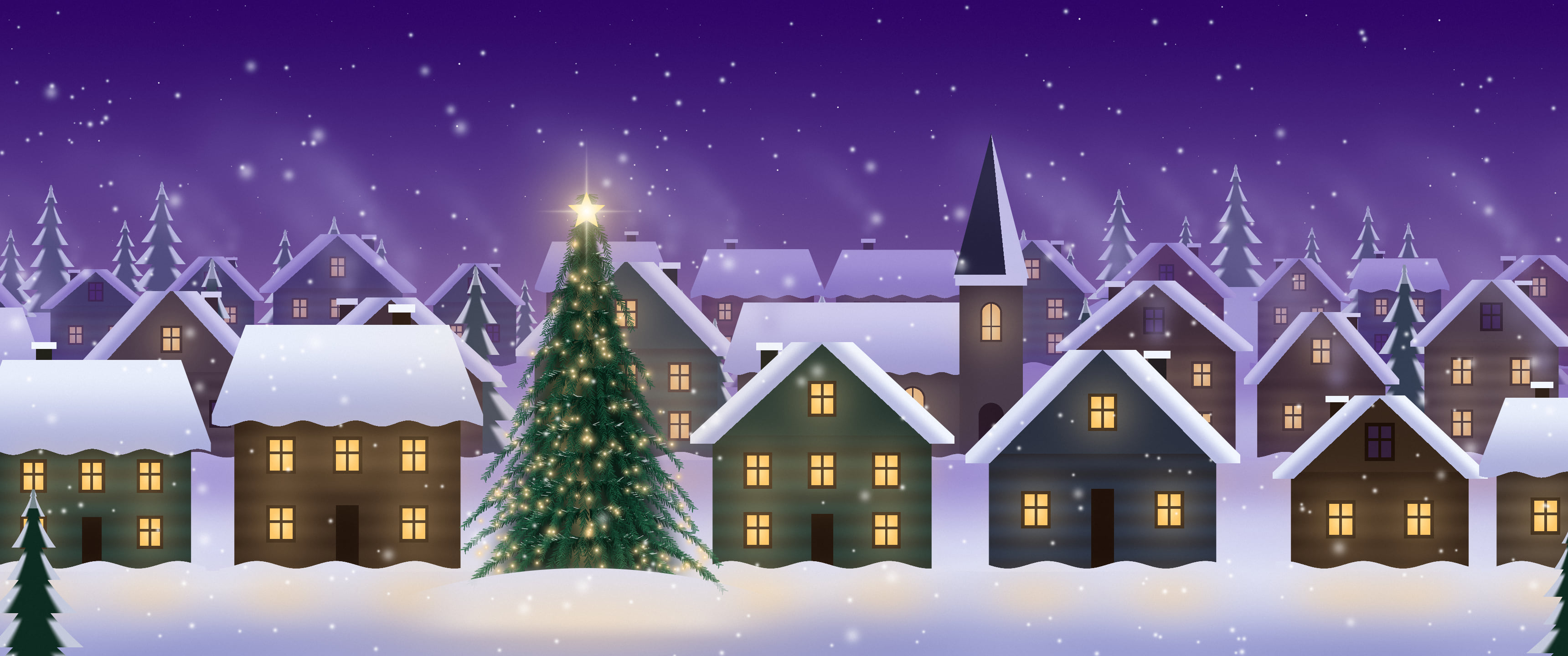 Purple Snowy Christmas Village ultrawide wallpaper, 3440 × 1440