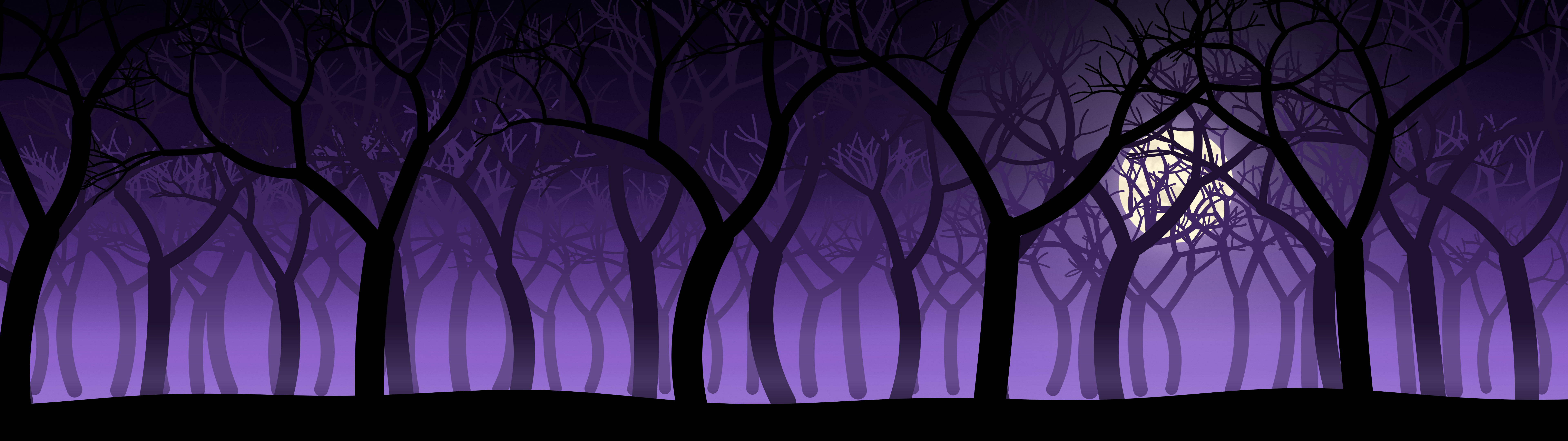 Purple Spooky Forest dual monitor wallpaper, 7680 × 2160