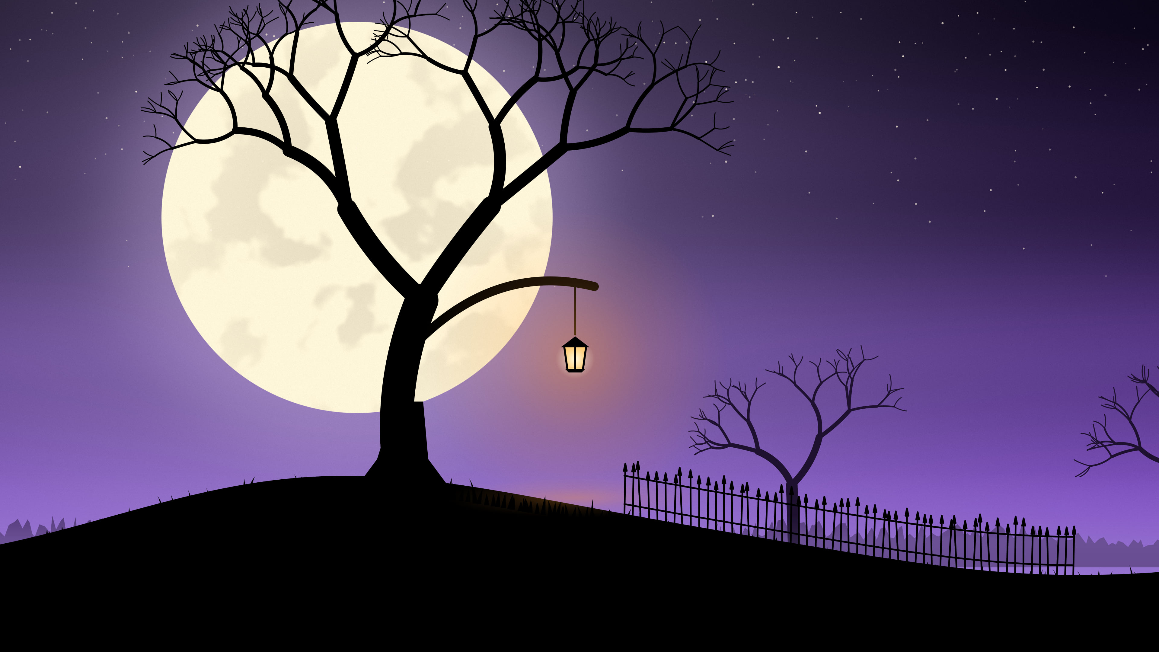 Purple Spooky Tree and Moon desktop wallpaper in 4K