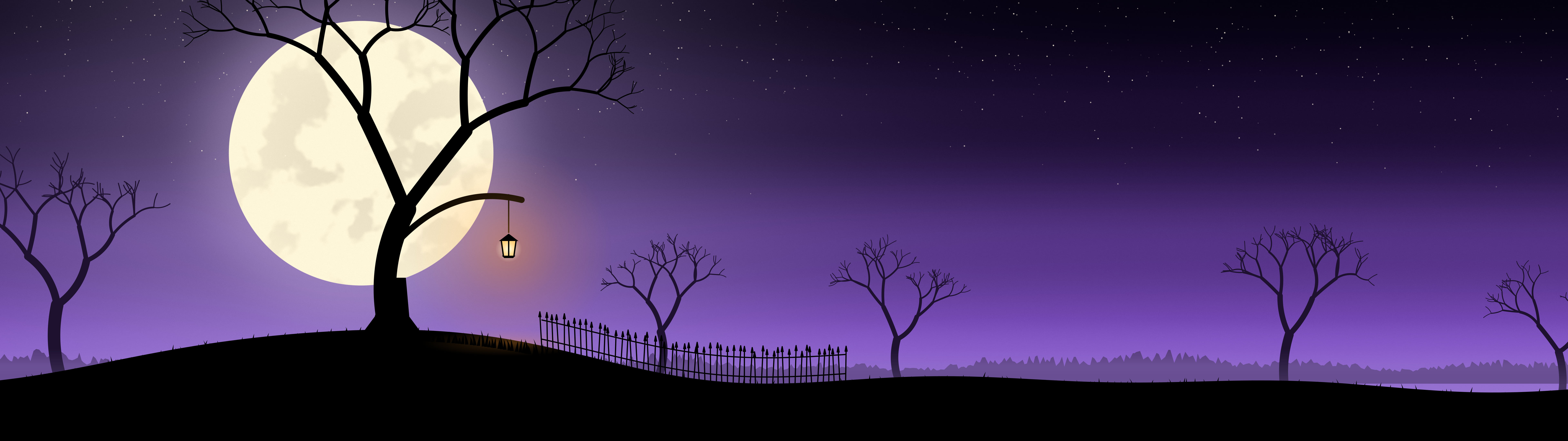 Purple Spooky Tree and Moon dual monitor wallpaper, 7680 × 2160
