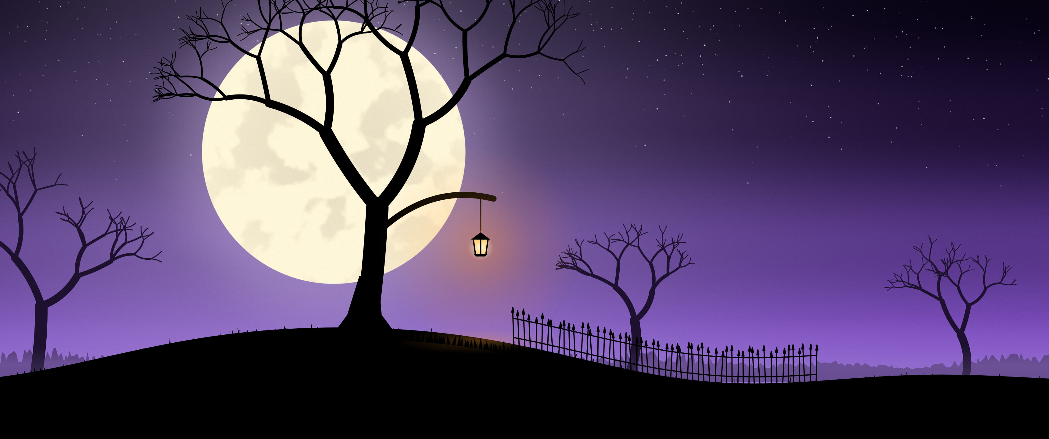 Purple Spooky Tree and Moon ultrawide wallpaper, 3440 × 1440