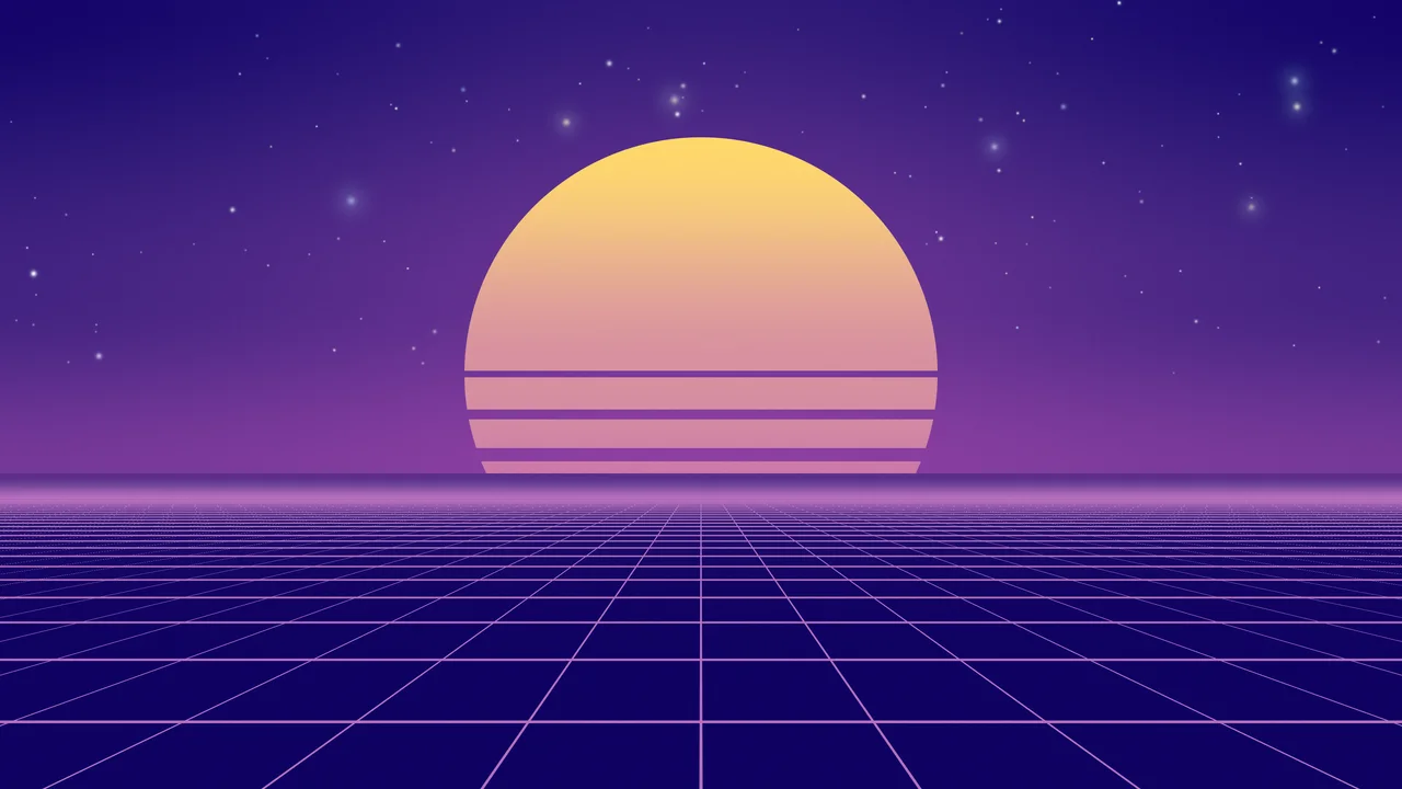 Purple Synthwave Grid Sunset desktop wallpaper in 4K