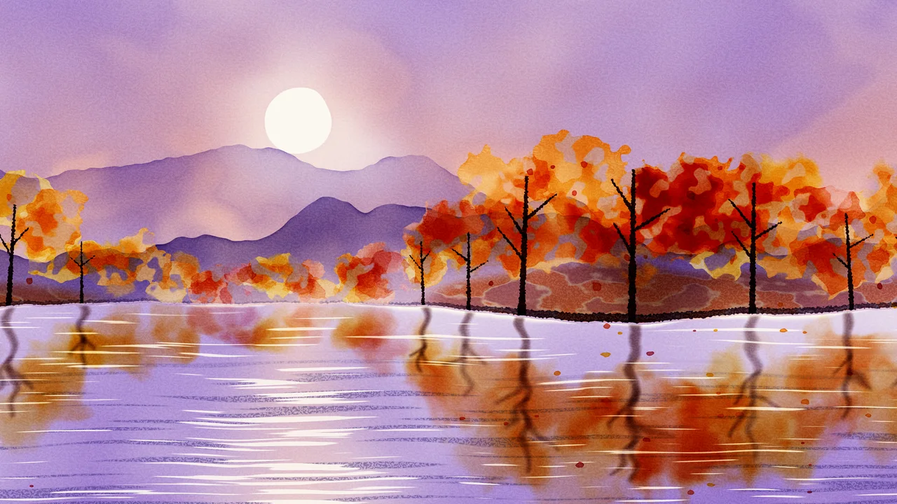 Purple Watercolor Fall Trees by a Lake desktop wallpaper in 4K