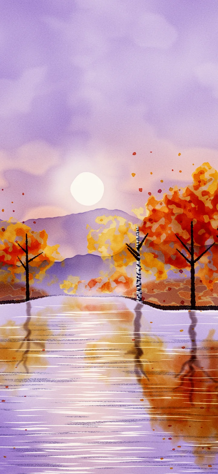 Purple Watercolor Fall Trees by a Lake wallpaper for iPhone and Android