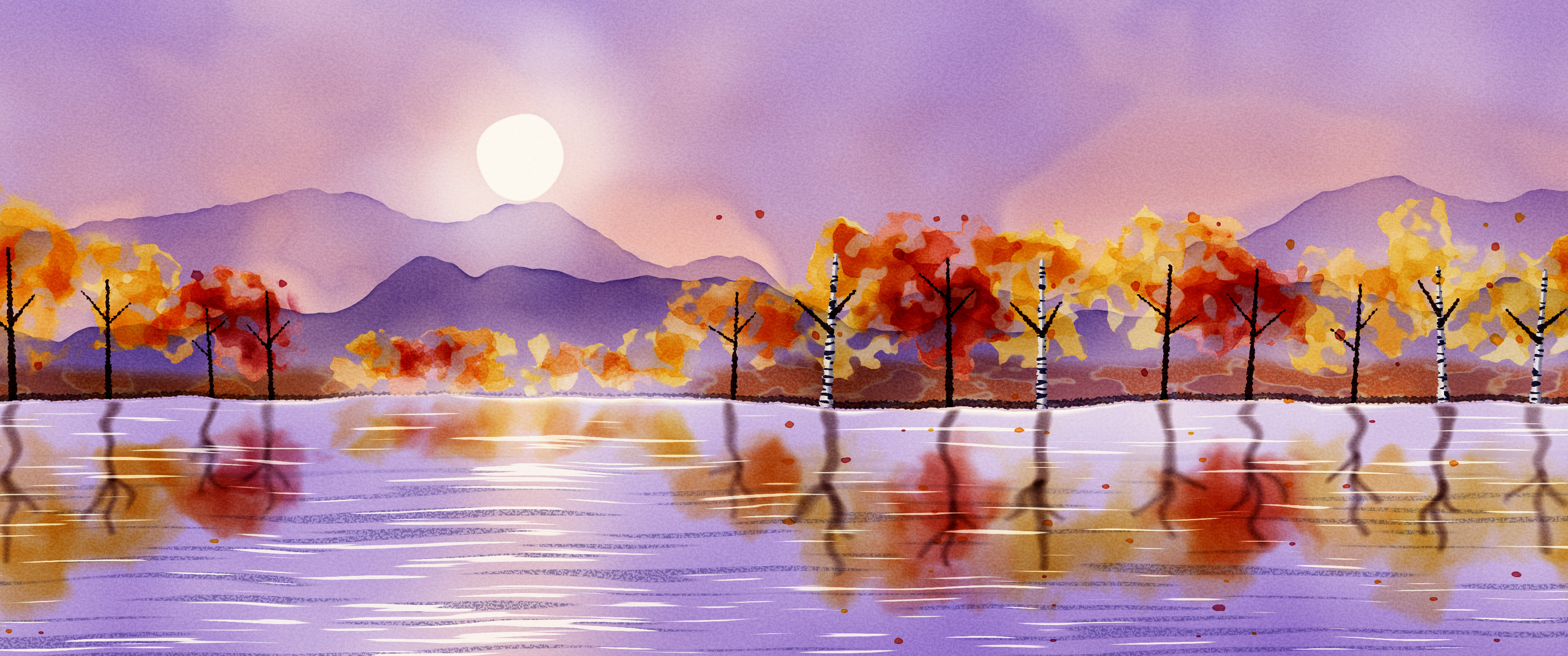 Purple Watercolor Fall Trees by a Lake ultrawide wallpaper, 3440 × 1440