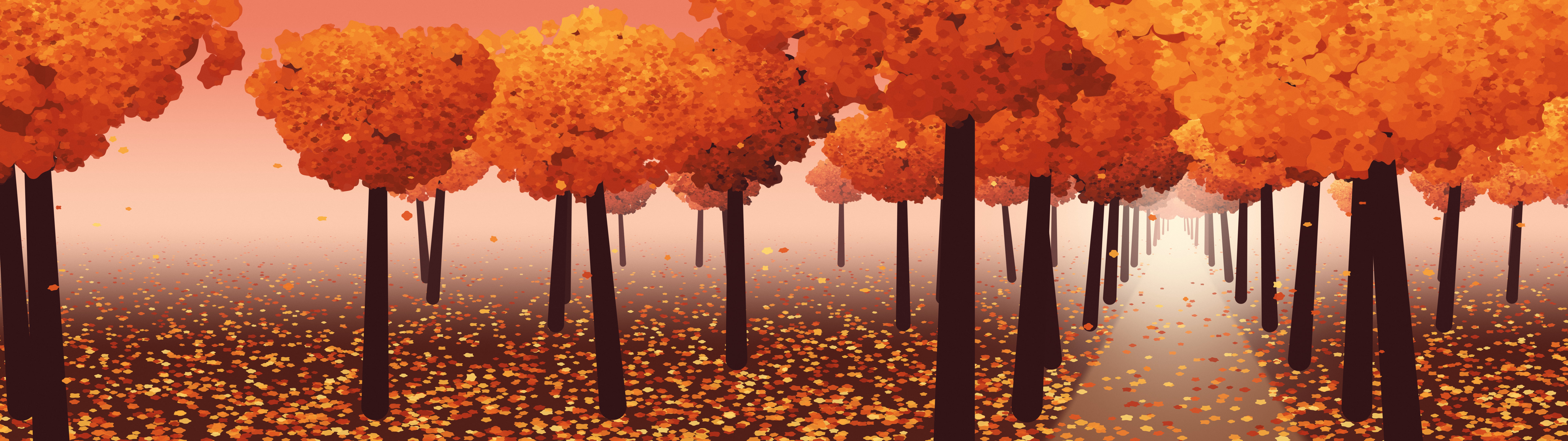 Red Autumn Path dual monitor wallpaper, 7680 × 2160