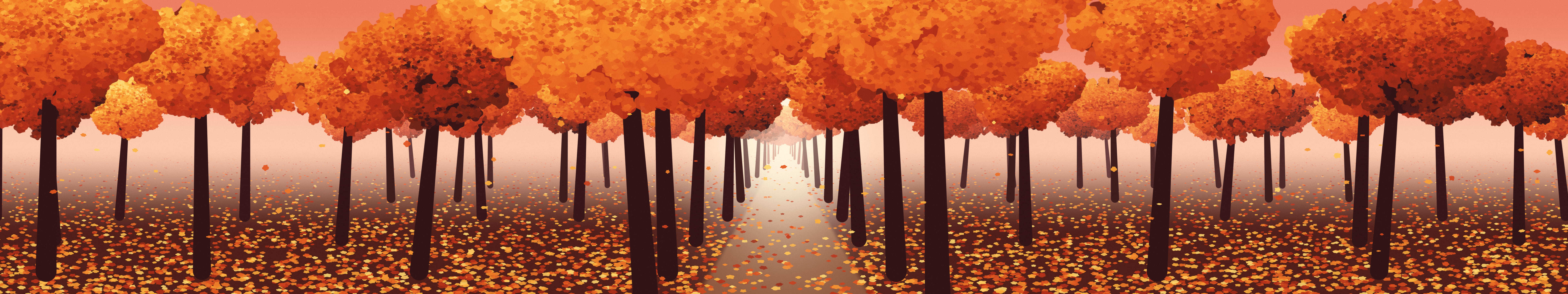 Red Autumn Path triple monitor wallpaper, 7680 × 1440