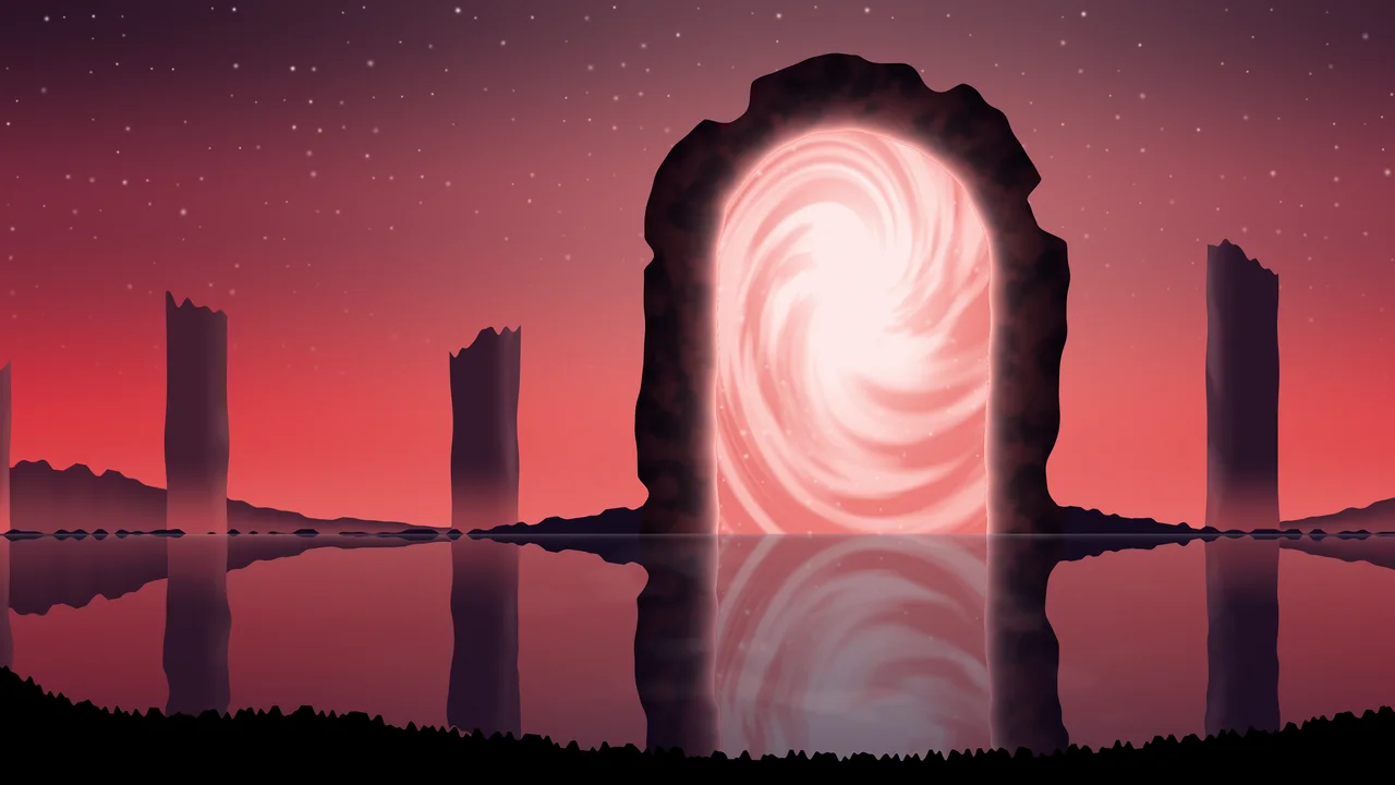 Red Fantasy Stone Portal desktop wallpaper in 4K