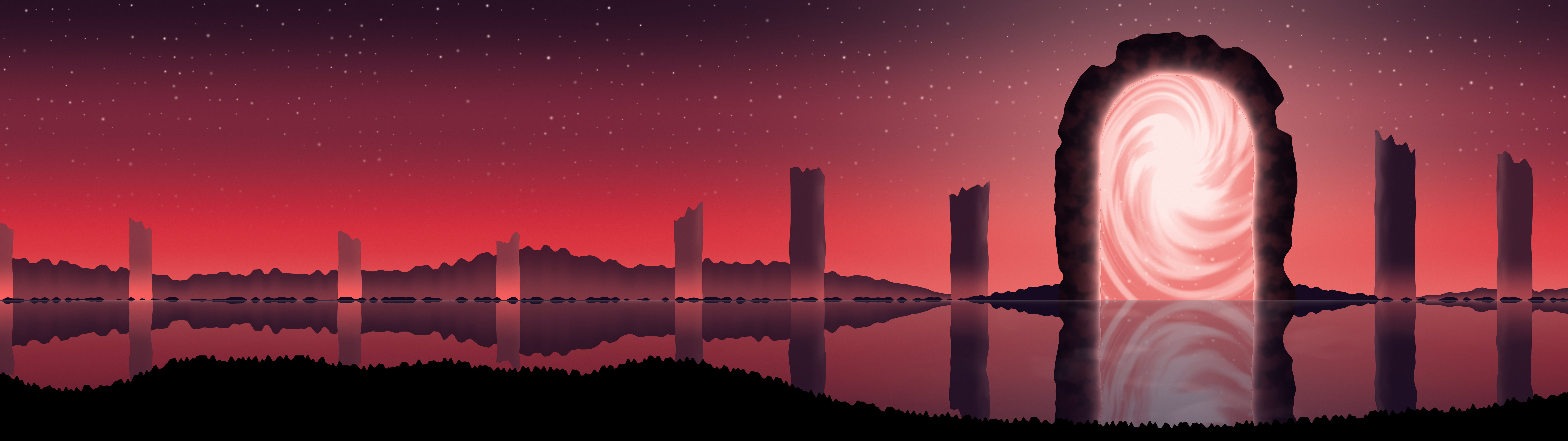 Red Fantasy Stone Portal dual monitor wallpaper, 7680 × 2160