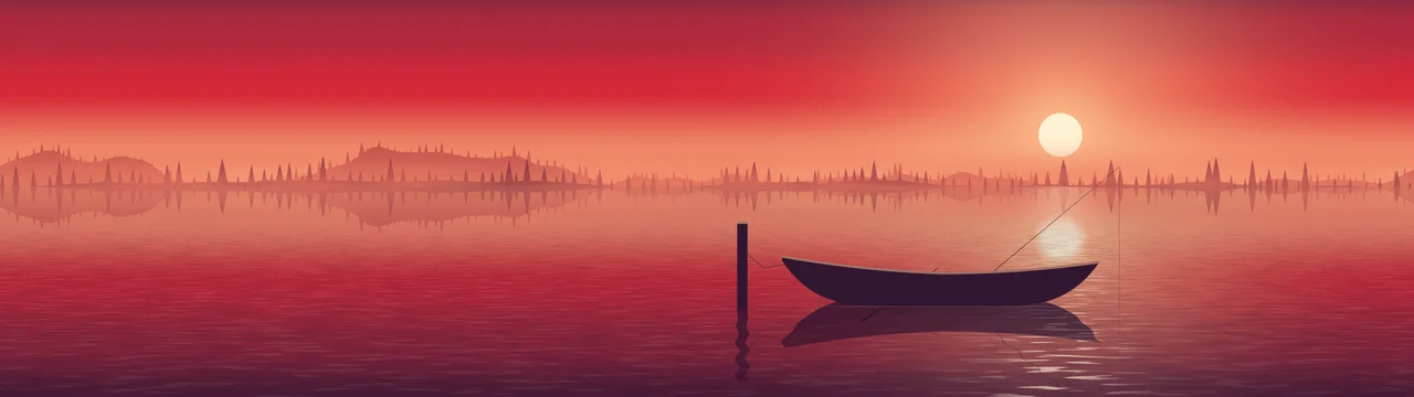Red Fishing Rowboat on a Misty Lake dual monitor wallpaper, 7680 × 2160